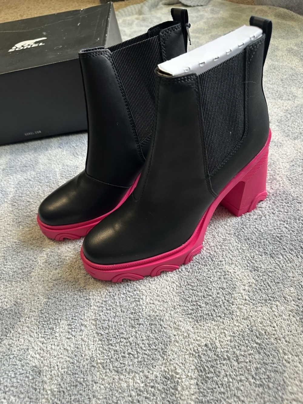 Sorel Black Chelsea Boots with Hot Pink Platform Heel